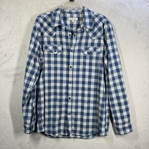 Blue Ranchwear Western Shirt Mens Large Blue Plaid Snap Front Long Sleeve Cotton